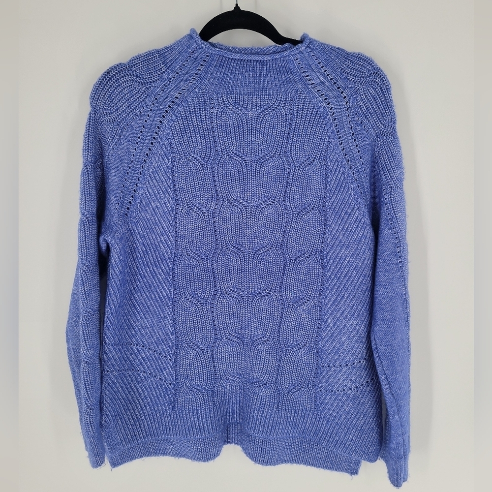 Talbots‎ Sweater Womens Medium Blue Cable Knit Pullover Mock Neck Wool